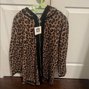 Anne Klein Black and Camel Patterned Zip Front Sweater/Jacket with hood Large